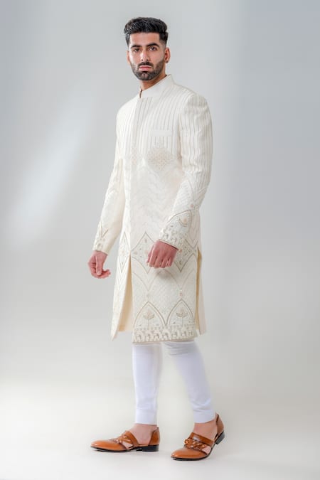 Amrit Dawani_Ivory Silk, Cotton Embroidery Geometric Embellished Sherwani Set _Online_at_Aza_Fashions