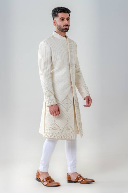 Buy_Amrit Dawani_Ivory Silk, Cotton Embroidery Geometric Embellished Sherwani Set _Online_at_Aza_Fashions