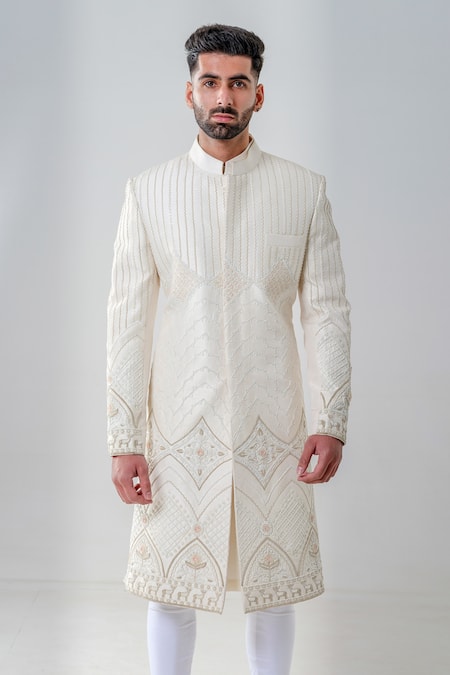 Shop_Amrit Dawani_Ivory Silk, Cotton Embroidery Geometric Embellished Sherwani Set _Online_at_Aza_Fashions