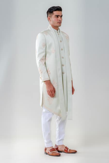 Buy_Amrit Dawani_Green Silk Embroidery Flower Bloom Kurta With Trouser _Online_at_Aza_Fashions