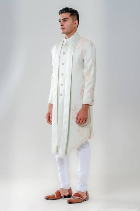 Shop_Amrit Dawani_Green Silk Embroidery Flower Bloom Kurta With Trouser _Online_at_Aza_Fashions