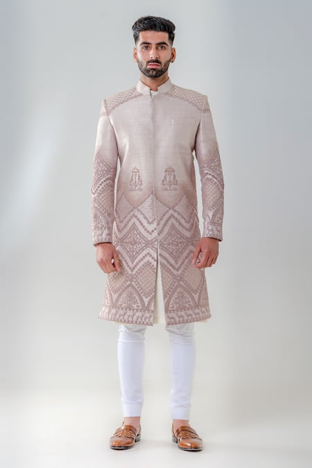 Amrit Dawani_Pink Silk, Cotton Embroidery Geometric Embellished Straight Sherwani Set _Online_at_Aza_Fashions
