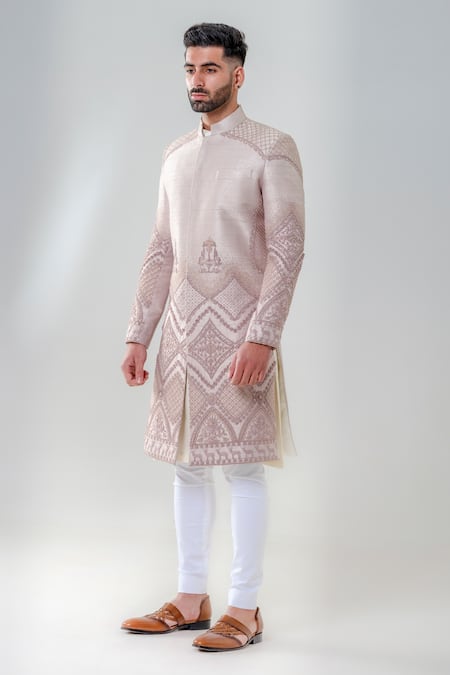 Buy_Amrit Dawani_Pink Silk, Cotton Embroidery Geometric Embellished Straight Sherwani Set _Online_at_Aza_Fashions
