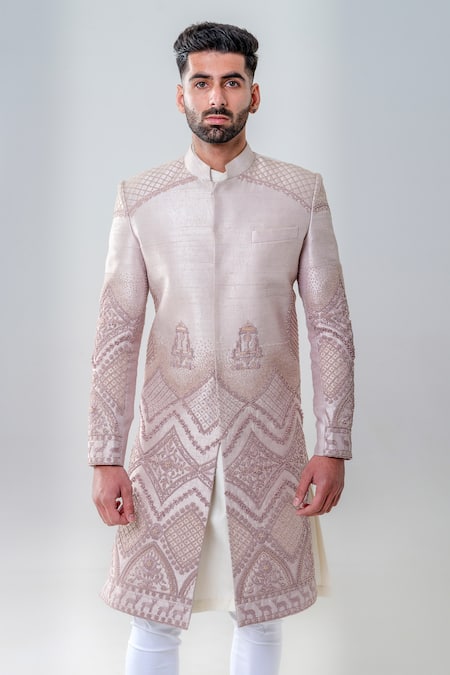 Shop_Amrit Dawani_Pink Silk, Cotton Embroidery Geometric Embellished Straight Sherwani Set _Online_at_Aza_Fashions