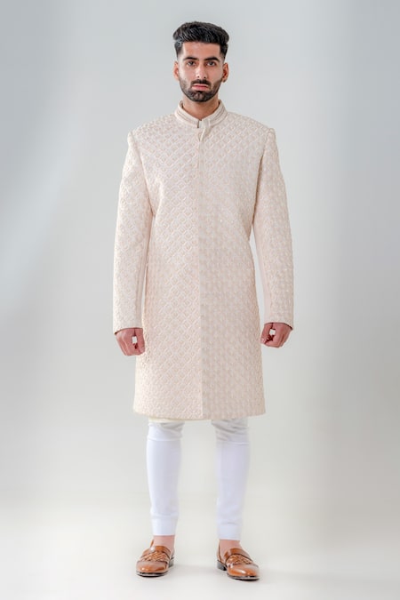 Amrit Dawani_Pink Silk, Cotton Embroidery Embellished Sherwani Set _Online_at_Aza_Fashions