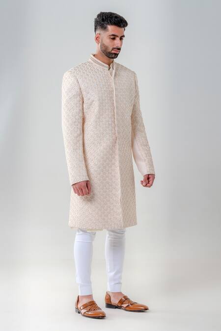Buy_Amrit Dawani_Pink Silk, Cotton Embroidery Embellished Sherwani Set _Online_at_Aza_Fashions