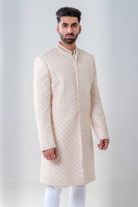 Shop_Amrit Dawani_Pink Silk, Cotton Embroidery Embellished Sherwani Set _Online_at_Aza_Fashions