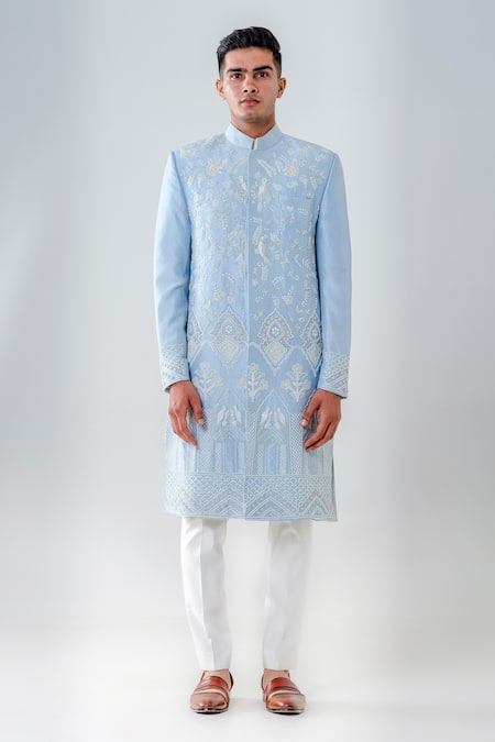 Amrit Dawani_Blue Silk, Cotton Sequins, Embroidery Floral Embellished Sherwani Set _Online_at_Aza_Fashions