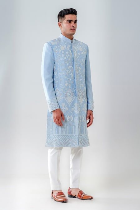 Buy_Amrit Dawani_Blue Silk, Cotton Sequins, Embroidery Floral Embellished Sherwani Set _Online_at_Aza_Fashions