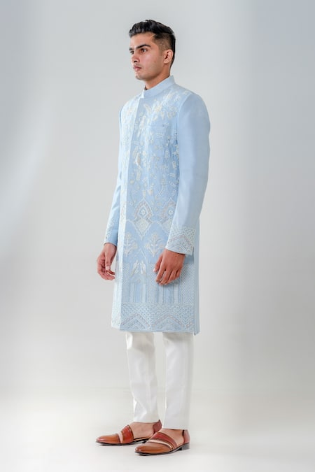 Shop_Amrit Dawani_Blue Silk, Cotton Sequins, Embroidery Floral Embellished Sherwani Set _Online_at_Aza_Fashions