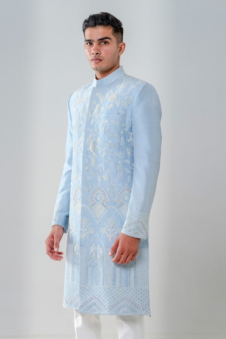 Amrit Dawani_Blue Silk, Cotton Sequins, Embroidery Floral Embellished Sherwani Set _at_Aza_Fashions