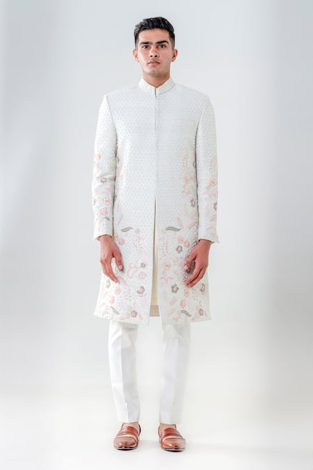 Amrit Dawani_Green Silk, Cotton Beads, Embroidery Floral Geometric Embellished Sherwani Set _Online_at_Aza_Fashions