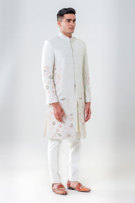 Buy_Amrit Dawani_Green Silk, Cotton Beads, Embroidery Floral Geometric Embellished Sherwani Set _Online_at_Aza_Fashions