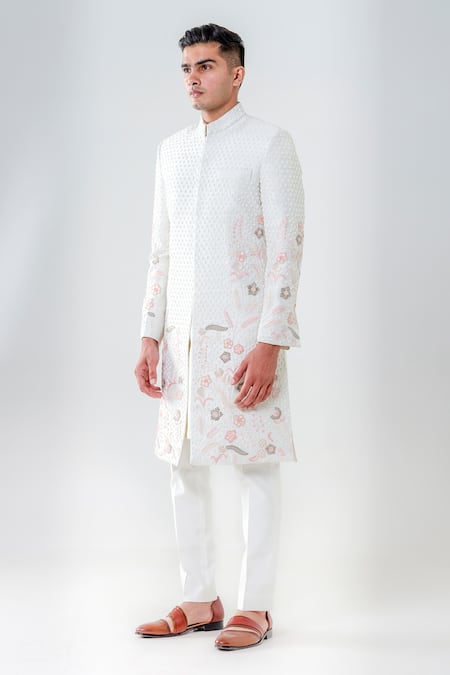 Shop_Amrit Dawani_Green Silk, Cotton Beads, Embroidery Floral Geometric Embellished Sherwani Set _Online_at_Aza_Fashions