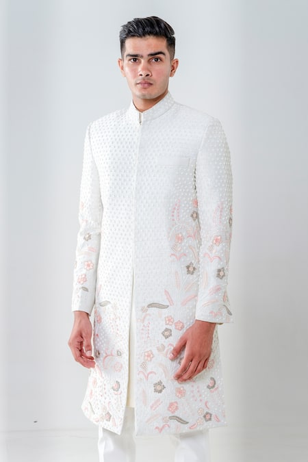 Amrit Dawani_Green Silk, Cotton Beads, Embroidery Floral Geometric Embellished Sherwani Set _at_Aza_Fashions