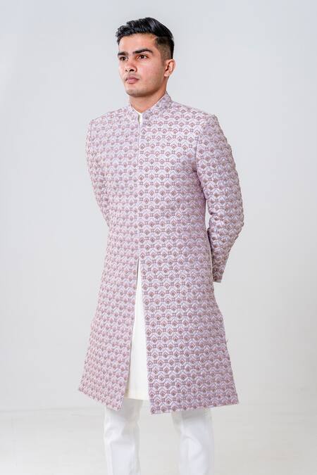 Buy_Amrit Dawani_Pink Silk, Cotton Beads, Embroidery Full Sleeve Embellished Sherwani Set _Online_at_Aza_Fashions