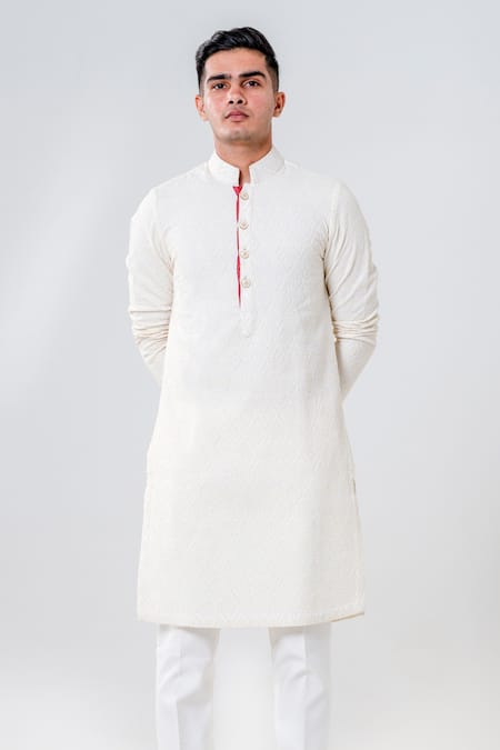 Amrit Dawani_Ivory Cotton, Silk Embroidery Lakhnavi Kurta With Pant _Online_at_Aza_Fashions