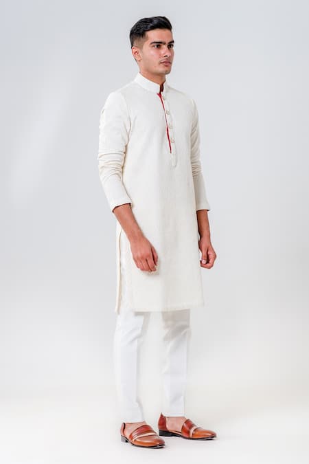 Buy_Amrit Dawani_Ivory Cotton, Silk Embroidery Lakhnavi Kurta With Pant _Online_at_Aza_Fashions