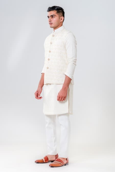 Shop_Amrit Dawani_Ivory Chanderi, Cotton, Lycra Embroidery Lucknowi Bundi Kurta Set _Online_at_Aza_Fashions