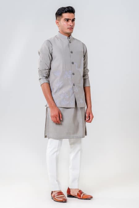 Amrit Dawani_Gray Cotton, Silk, Lycra Embroidery Flamingo Self Bundi Set _Online_at_Aza_Fashions