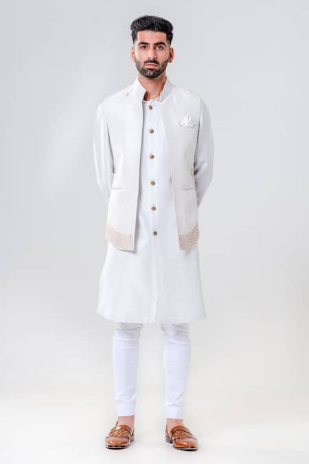 Amrit Dawani_Grey Cotton, Silk, Lycra Embroidery, Flower Front Open Jacket Kurta Set _Online_at_Aza_Fashions