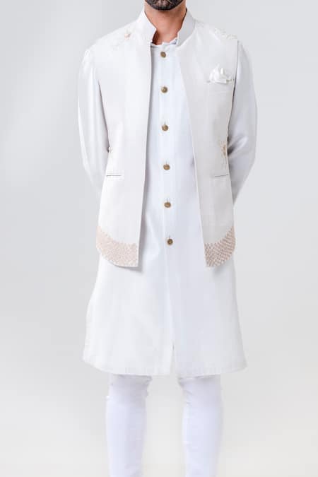 Buy_Amrit Dawani_Grey Cotton, Silk, Lycra Embroidery, Flower Front Open Jacket Kurta Set _Online_at_Aza_Fashions