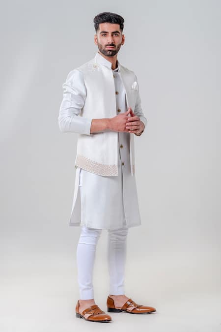 Shop_Amrit Dawani_Grey Cotton, Silk, Lycra Embroidery, Flower Front Open Jacket Kurta Set _Online_at_Aza_Fashions