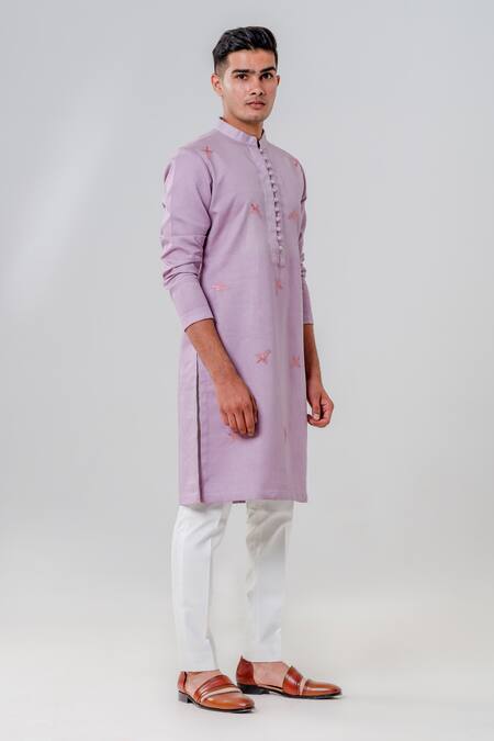 Buy_Amrit Dawani_Purple Cotton, Silk Embroidery Bird Pattern Kurta With Pant _Online_at_Aza_Fashions