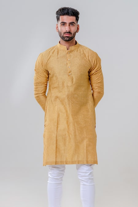 Amrit Dawani_Yellow Cotton, Silk Embroidery Lakhnavi Kurta With Pant _Online_at_Aza_Fashions