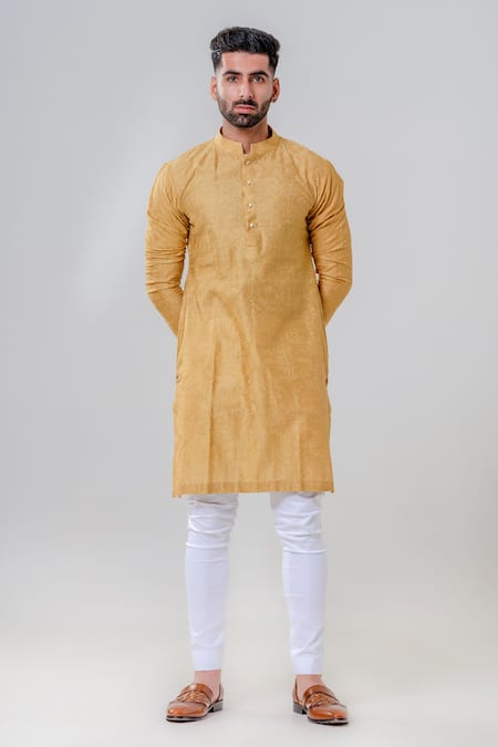 Buy_Amrit Dawani_Yellow Cotton, Silk Embroidery Lakhnavi Kurta With Pant _Online_at_Aza_Fashions