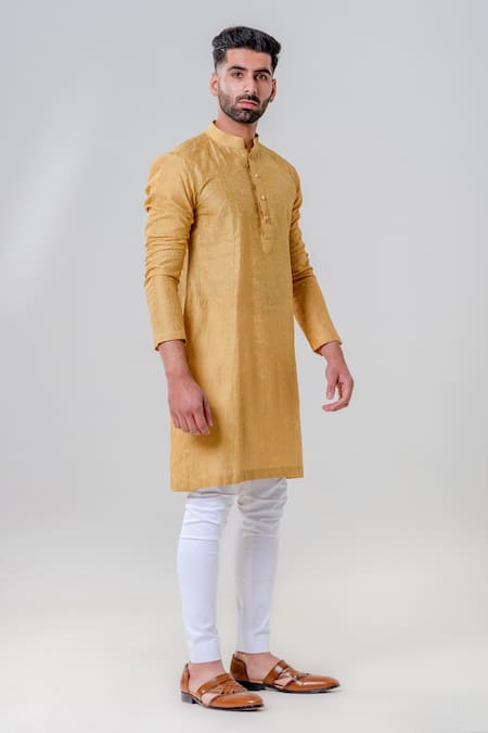 Shop_Amrit Dawani_Yellow Cotton, Silk Embroidery Lakhnavi Kurta With Pant _Online_at_Aza_Fashions