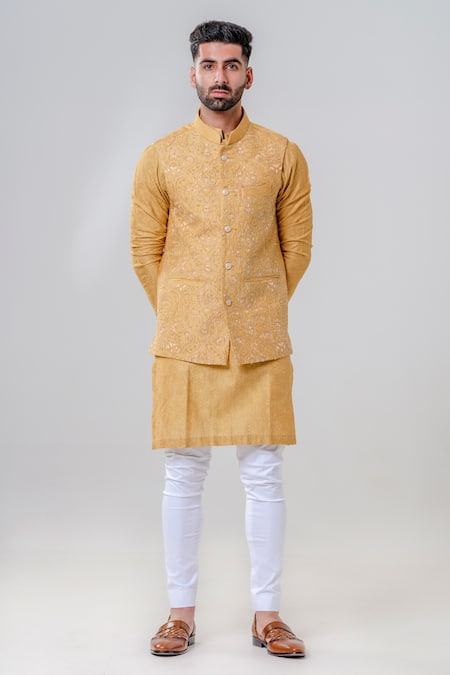 Amrit Dawani_Yellow Cotton, Lycra Embroidery Floral Lucknowi Bundi Kurta Set _Online_at_Aza_Fashions