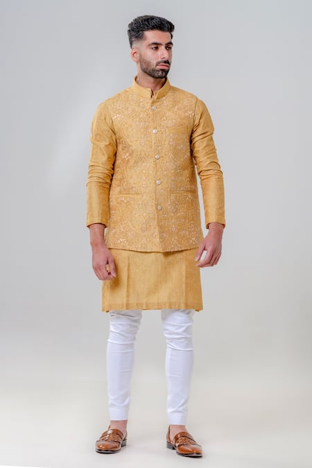 Buy_Amrit Dawani_Yellow Cotton, Lycra Embroidery Floral Lucknowi Bundi Kurta Set _Online_at_Aza_Fashions