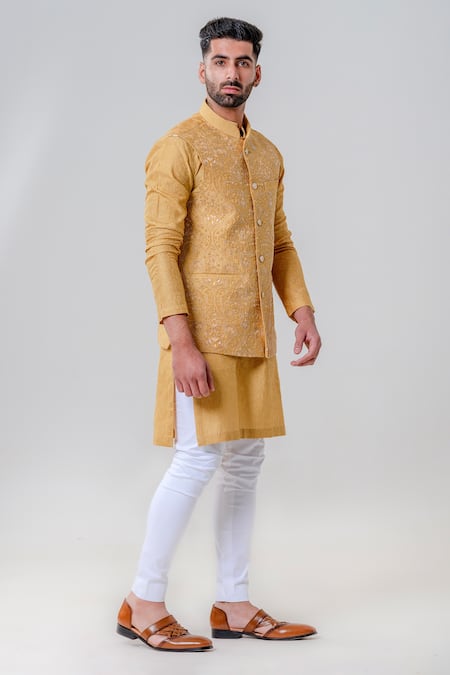 Shop_Amrit Dawani_Yellow Cotton, Lycra Embroidery Floral Lucknowi Bundi Kurta Set _Online_at_Aza_Fashions