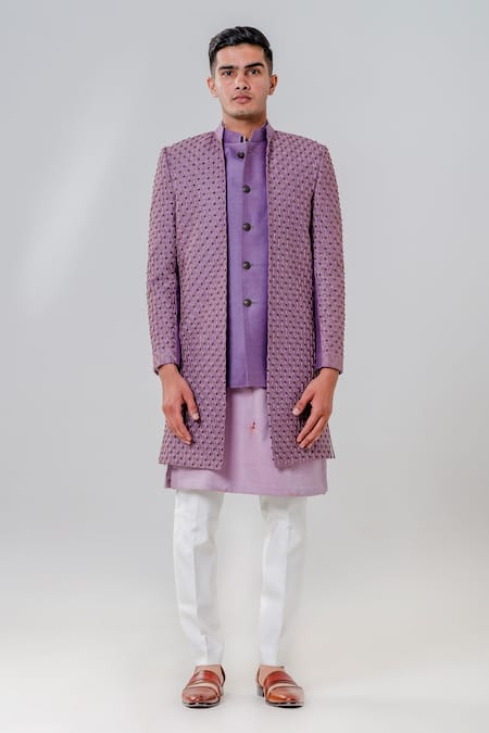 Amrit Dawani_Purple Silk Embroidery Trellis Two Layer Jacket Kurta Set _Online_at_Aza_Fashions