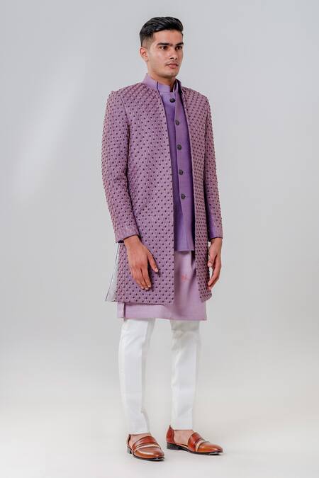 Shop_Amrit Dawani_Purple Silk Embroidery Trellis Two Layer Jacket Kurta Set _Online_at_Aza_Fashions