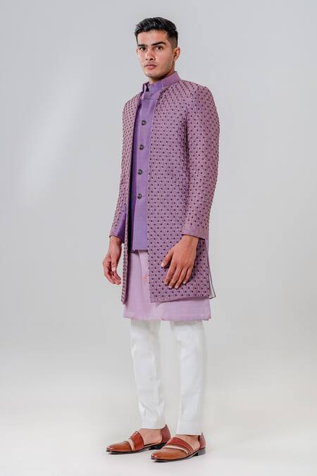 Amrit Dawani_Purple Silk Embroidery Trellis Two Layer Jacket Kurta Set _at_Aza_Fashions