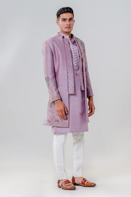 Buy_Amrit Dawani_Purple Silk, Cotton Embroidery Flower Vine Jacket Kurta Set _Online_at_Aza_Fashions