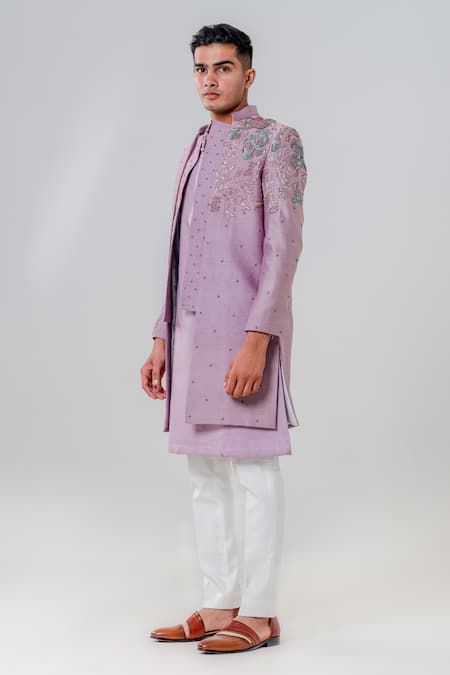 Shop_Amrit Dawani_Purple Silk, Cotton Embroidery Flower Vine Jacket Kurta Set _Online_at_Aza_Fashions