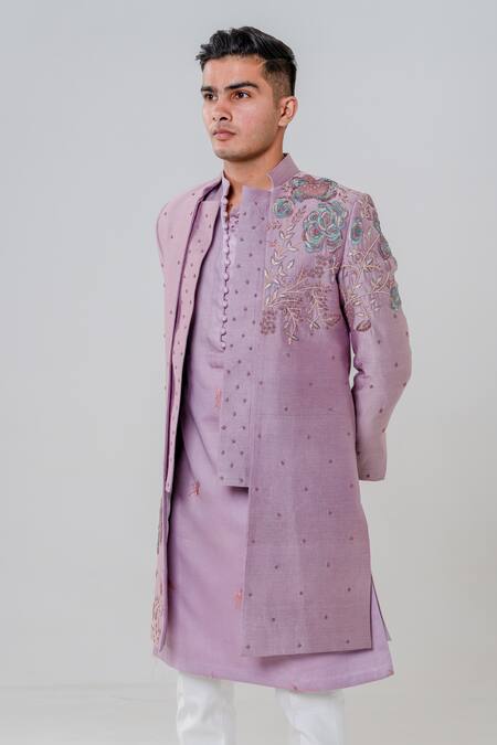 Amrit Dawani_Purple Silk, Cotton Embroidery Flower Vine Jacket Kurta Set _at_Aza_Fashions