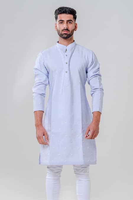 Amrit Dawani_Sky Blue Cotton, Silk Embroidery Cut Dana Kurta And Pant Set _Online_at_Aza_Fashions
