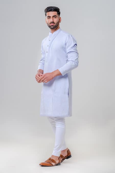 Buy_Amrit Dawani_Sky Blue Cotton, Silk Embroidery Cut Dana Kurta And Pant Set _Online_at_Aza_Fashions
