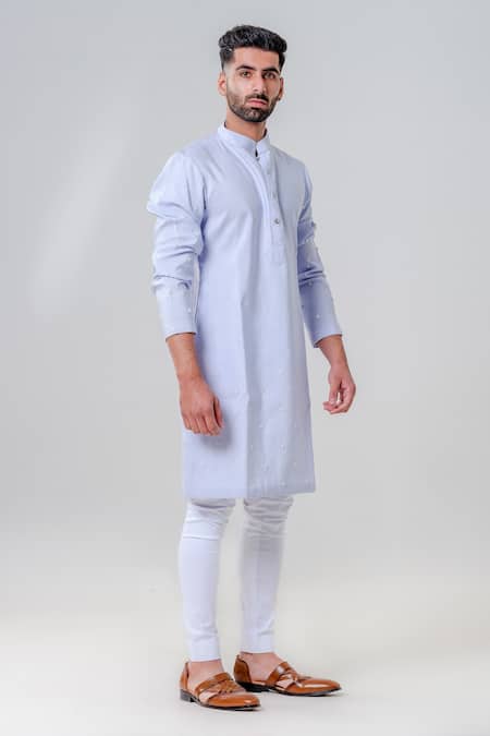Shop_Amrit Dawani_Sky Blue Cotton, Silk Embroidery Cut Dana Kurta And Pant Set _Online_at_Aza_Fashions