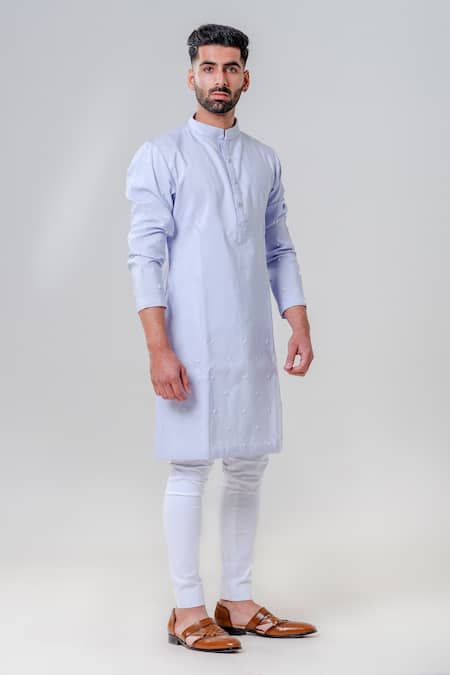 Amrit Dawani_Sky Blue Cotton, Silk Embroidery Cut Dana Kurta And Pant Set _at_Aza_Fashions