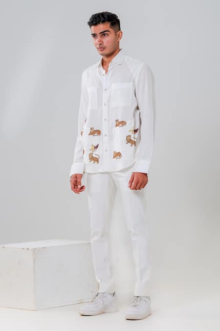 Amrit Dawani_White Cotton Embroidery Tiger Motif Hand Painted Shirt _Online_at_Aza_Fashions