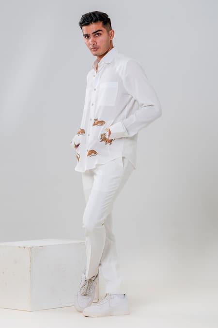 Buy_Amrit Dawani_White Cotton Embroidery Tiger Motif Hand Painted Shirt _Online_at_Aza_Fashions