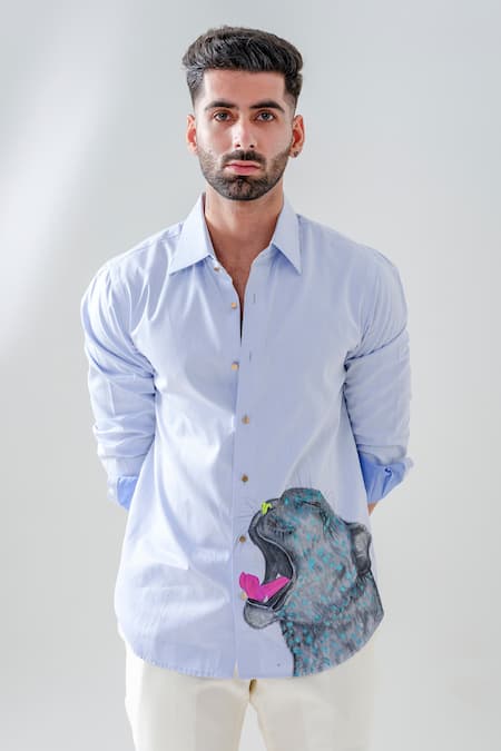 Amrit Dawani_Blue Cotton Embroidery Animal Motif Hand Painted Shirt _Online_at_Aza_Fashions