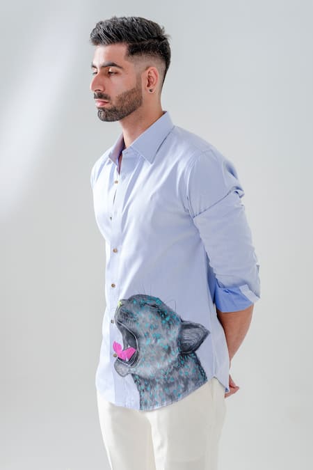 Buy_Amrit Dawani_Blue Cotton Embroidery Animal Motif Hand Painted Shirt _Online_at_Aza_Fashions