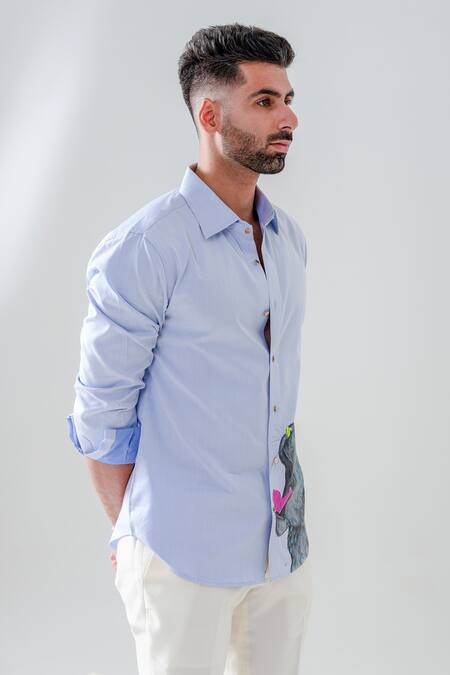 Shop_Amrit Dawani_Blue Cotton Embroidery Animal Motif Hand Painted Shirt _Online_at_Aza_Fashions