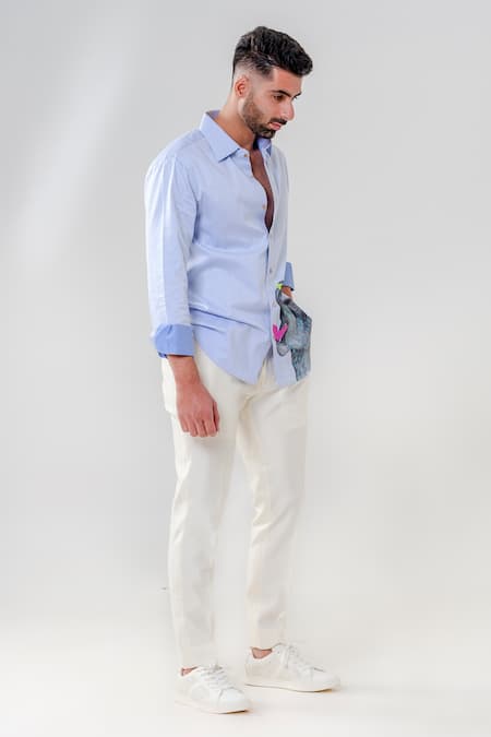 Amrit Dawani_Blue Cotton Embroidery Animal Motif Hand Painted Shirt _at_Aza_Fashions